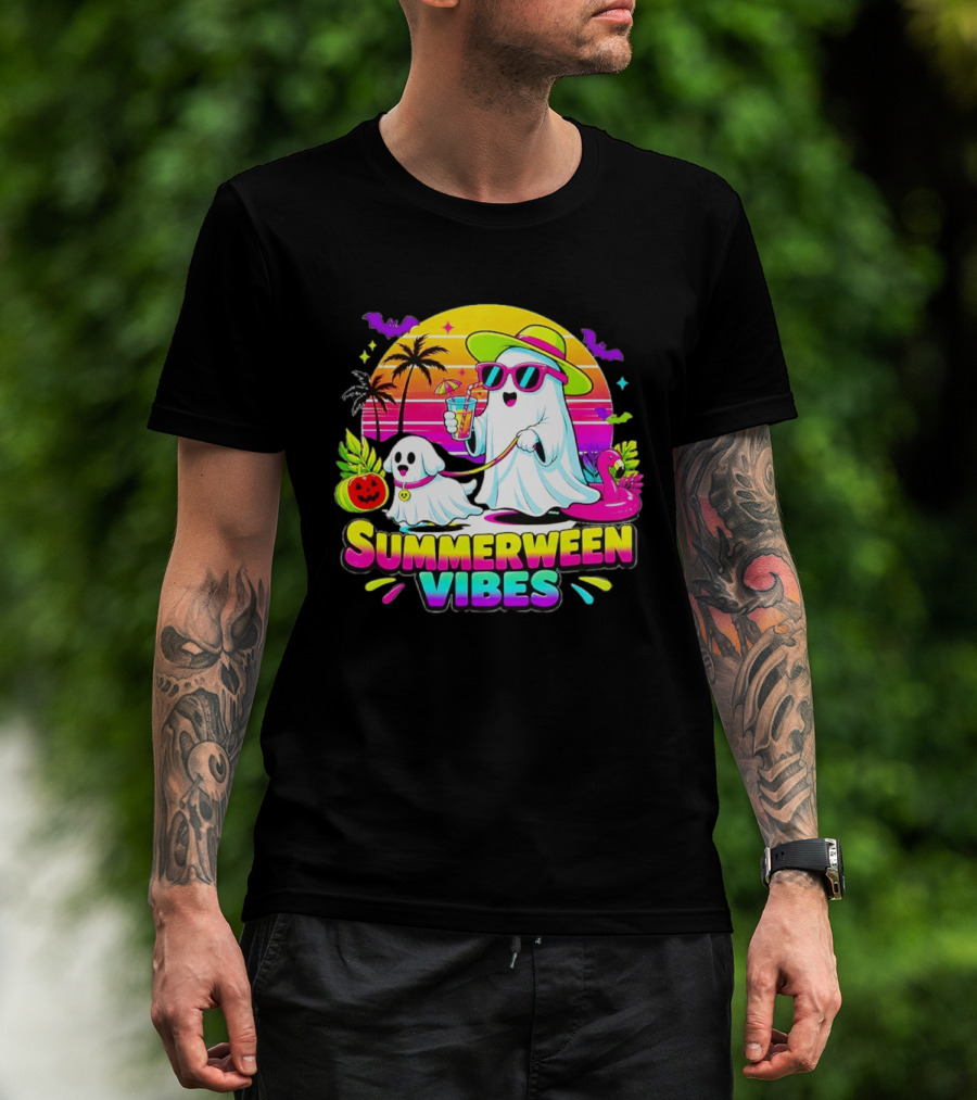 Summerween Vibes Ghost Walking Dog Retro Sunset Tropical Beach Party T-Shirt