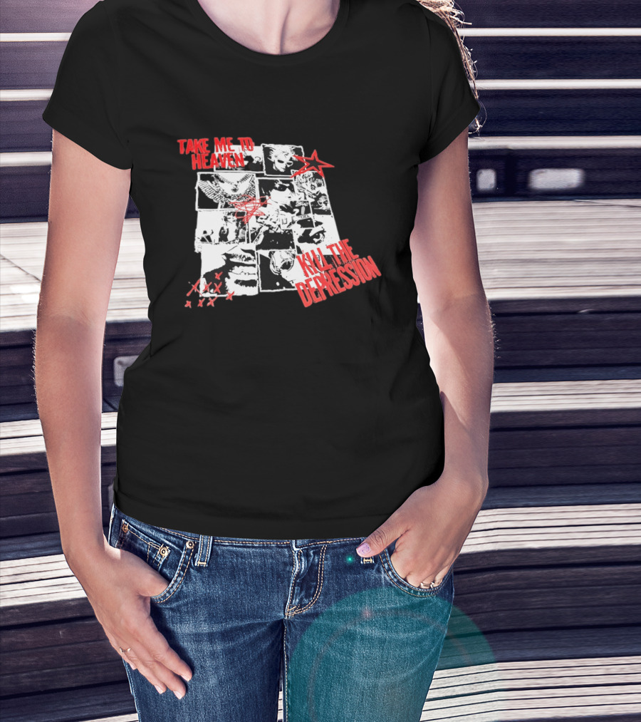 Take Me To Heaven Kill The Depression Kurt Cobain Nirvana Punk Rock Concert Collage T-Shirt