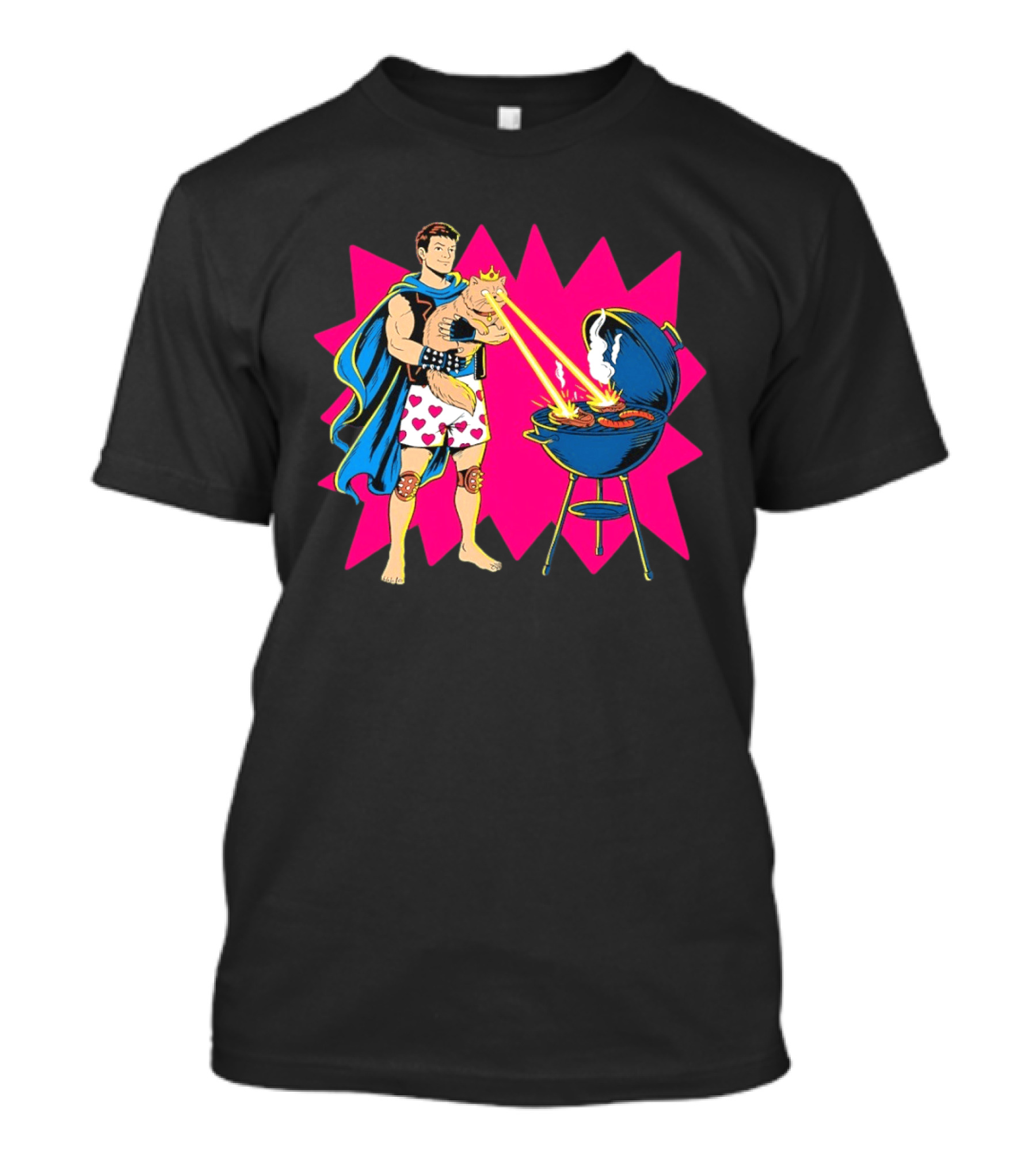 Superhero Cape Heart Shorts Laser Cat BBQ In Action T-Shirt