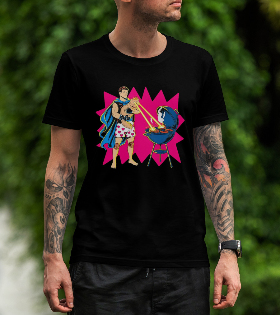 Superhero Cape Heart Shorts Laser Cat BBQ In Action T-Shirt