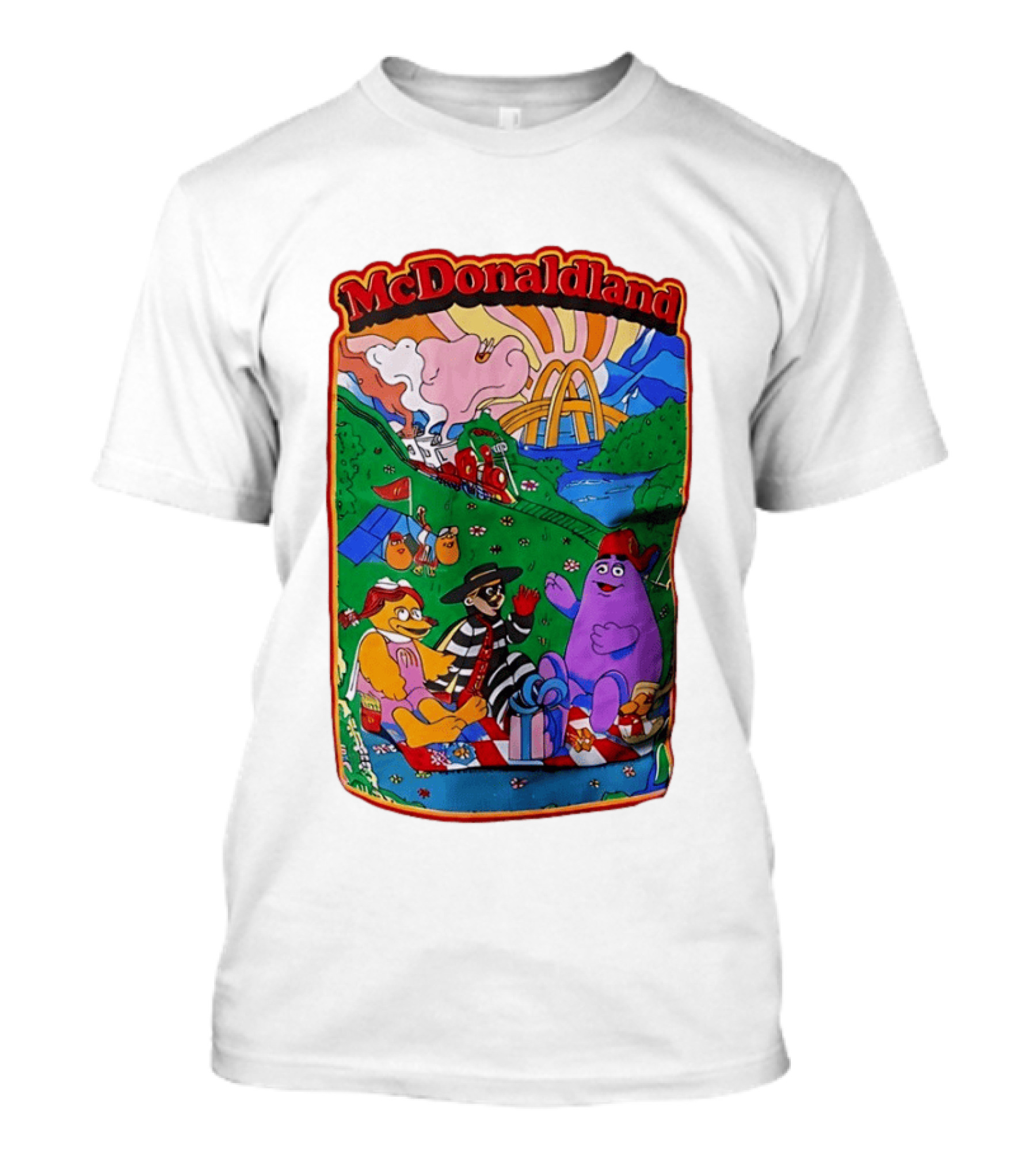 McDonaldland Hamburglar Grimace Birdie Picnic Train Scene T-Shirt
