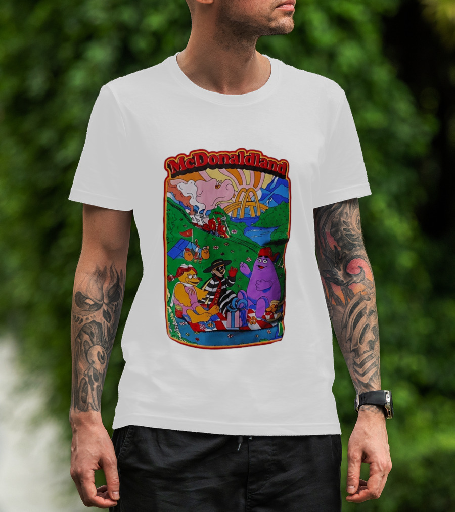 McDonaldland Hamburglar Grimace Birdie Picnic Train Scene T-Shirt