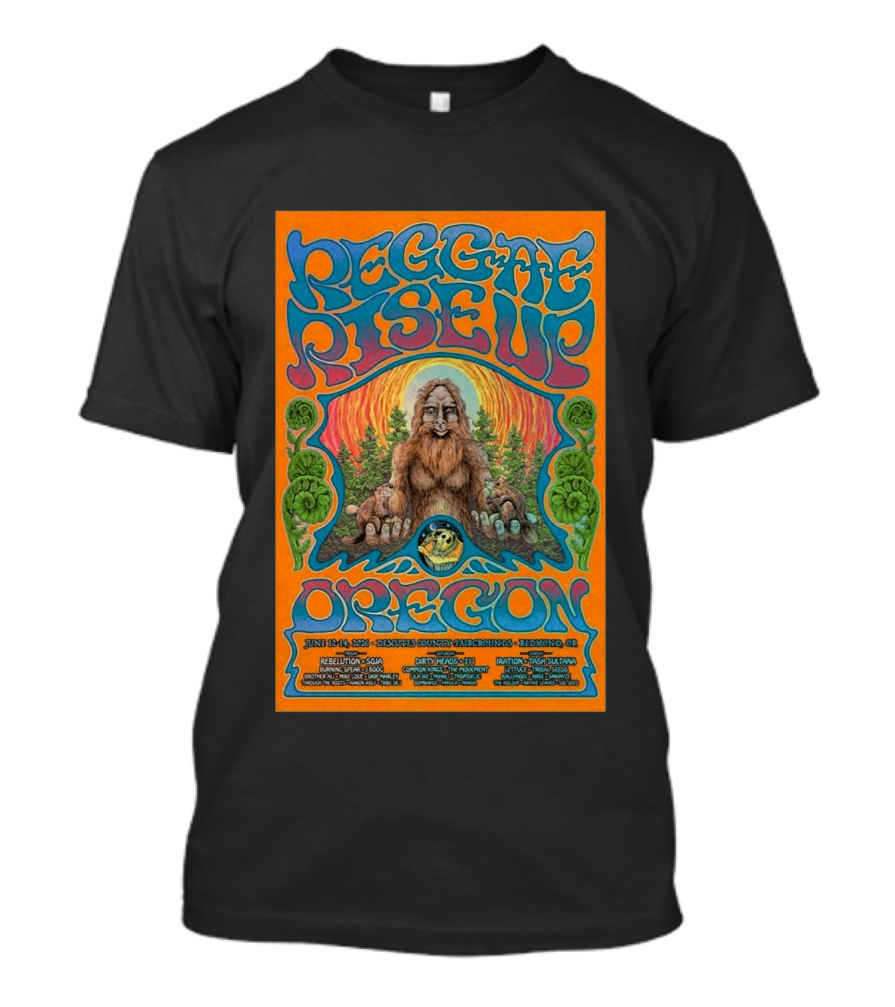 Reggae Rise Up Oregon June 12 14 2026 Deschutes County Fairgrounds Redmond OR Rebelution SOJA Iration Stick Figure Concert T-Shirt