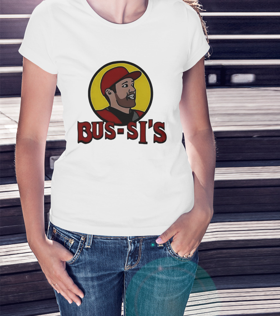 Bus Si's Baseball Player Cartoon Logo Design White T-Shirt