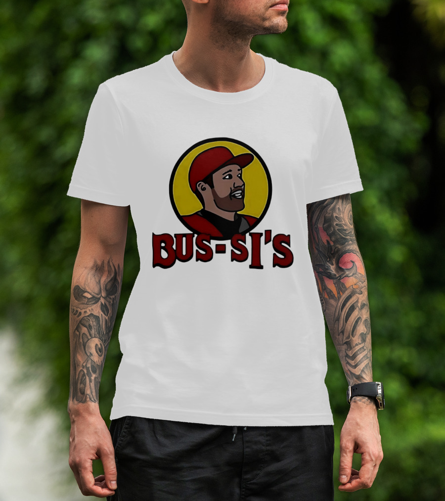 Bus Si's Baseball Player Cartoon Logo Design White T-Shirt
