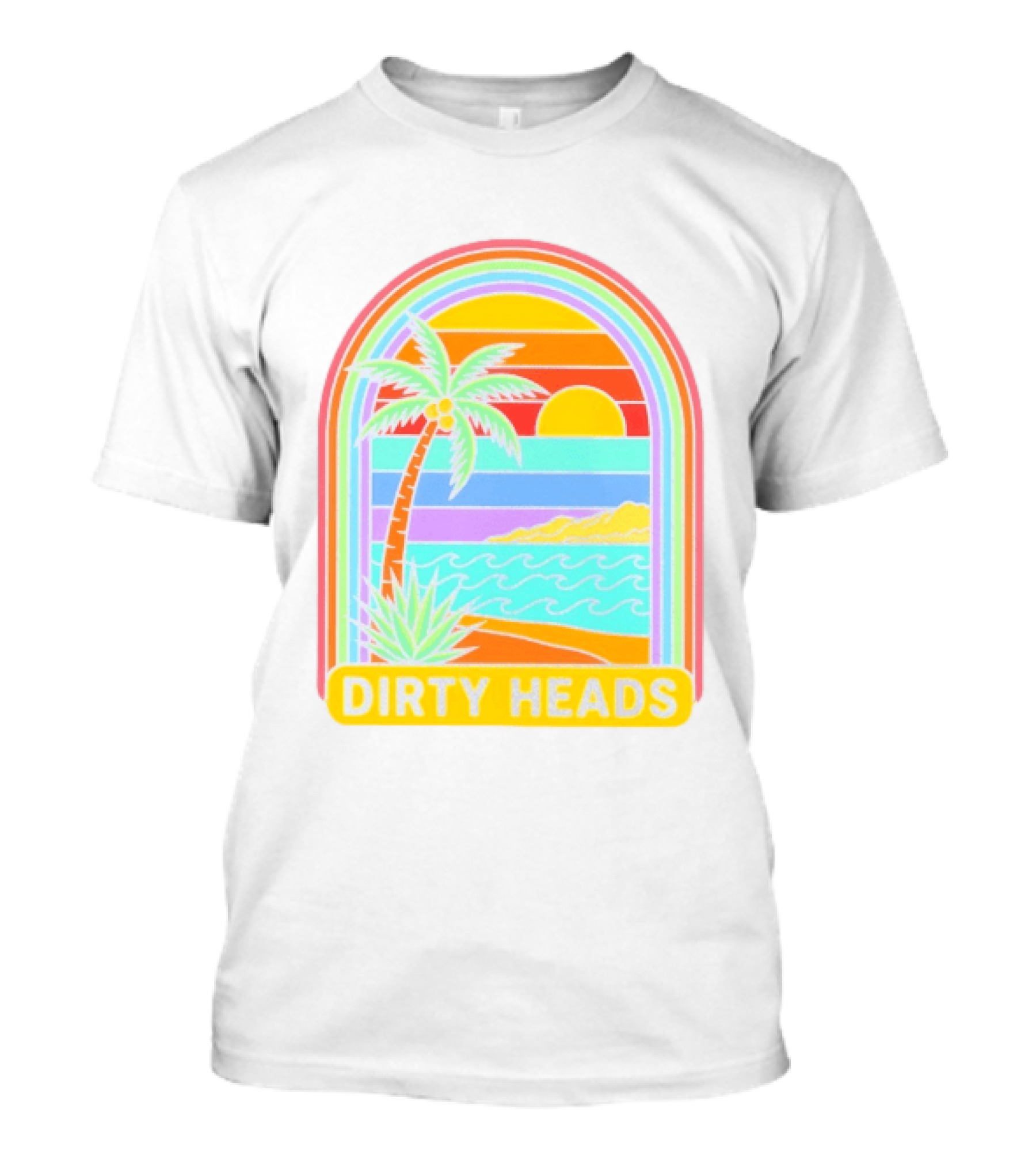 Dirty Heads Tropical Beach Palm Tree Rainbow Arch Sunset T-Shirt