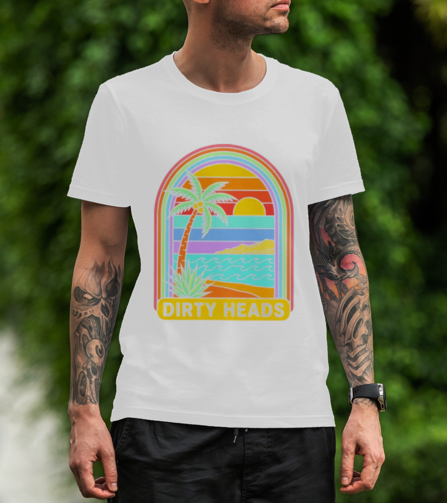 Dirty Heads Tropical Beach Palm Tree Rainbow Arch Sunset T-Shirt