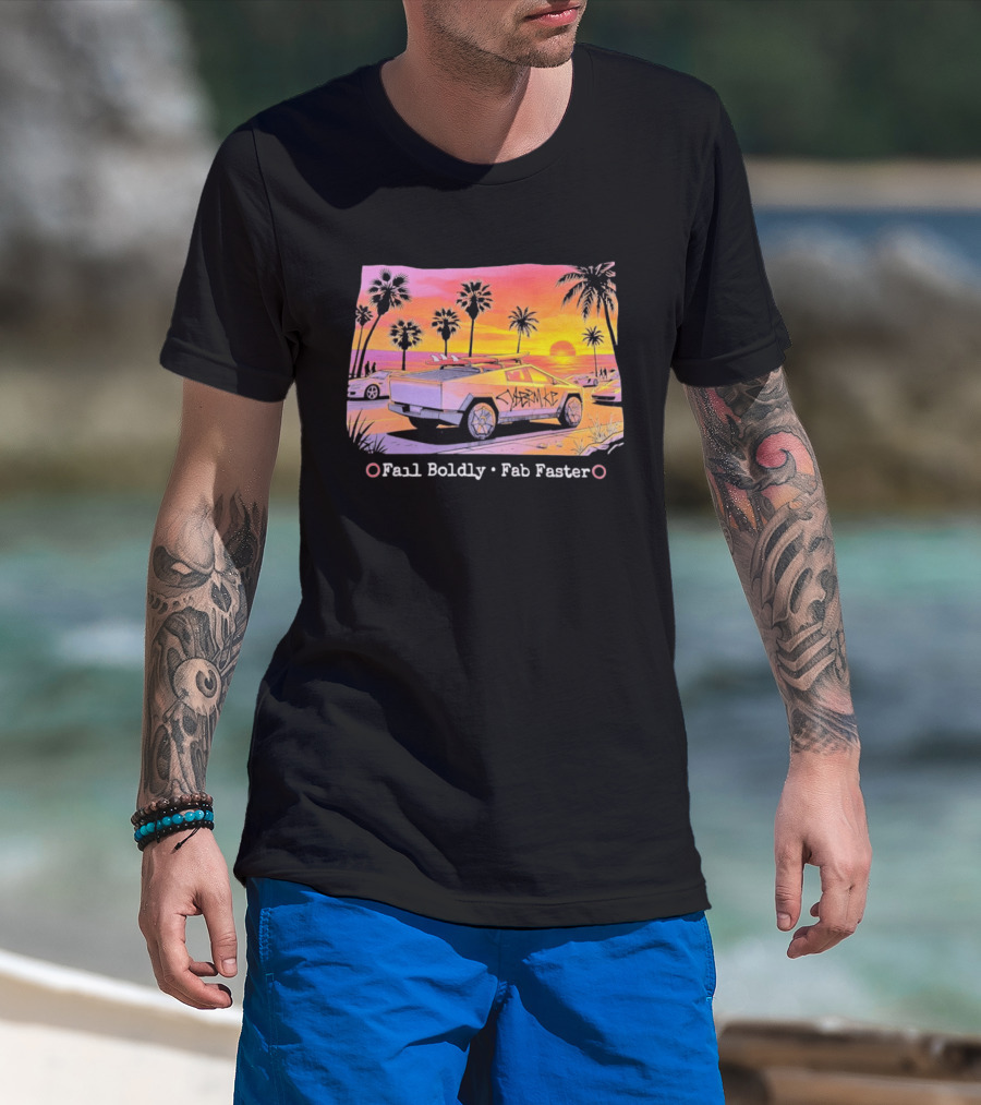 Cybertruck Beach Sunset Surfer Vibes Fail Boldly Fab Faster T-Shirt