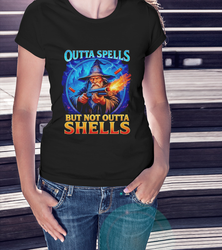 Outta Spells But Not Outta Shells Wizard With Gun Fantasy Humor T-Shirt