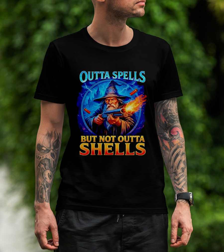 Outta Spells But Not Outta Shells Wizard With Gun Fantasy Humor T-Shirt