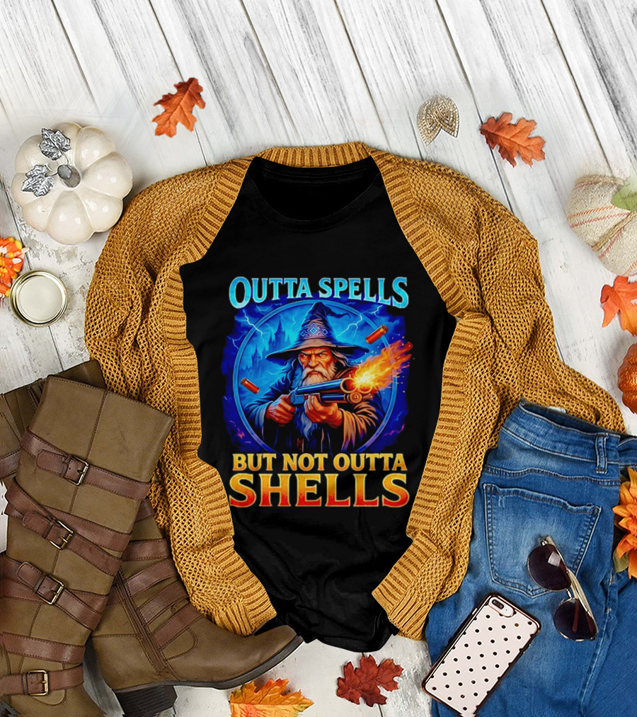 Outta Spells But Not Outta Shells Wizard with Gun Fantasy Humor T-Shirt