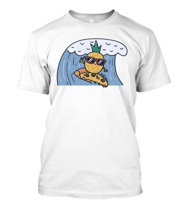 Pineapple Surfing On Pizza Slice Ocean Wave With Sunglasses Cartoon T-Shirt