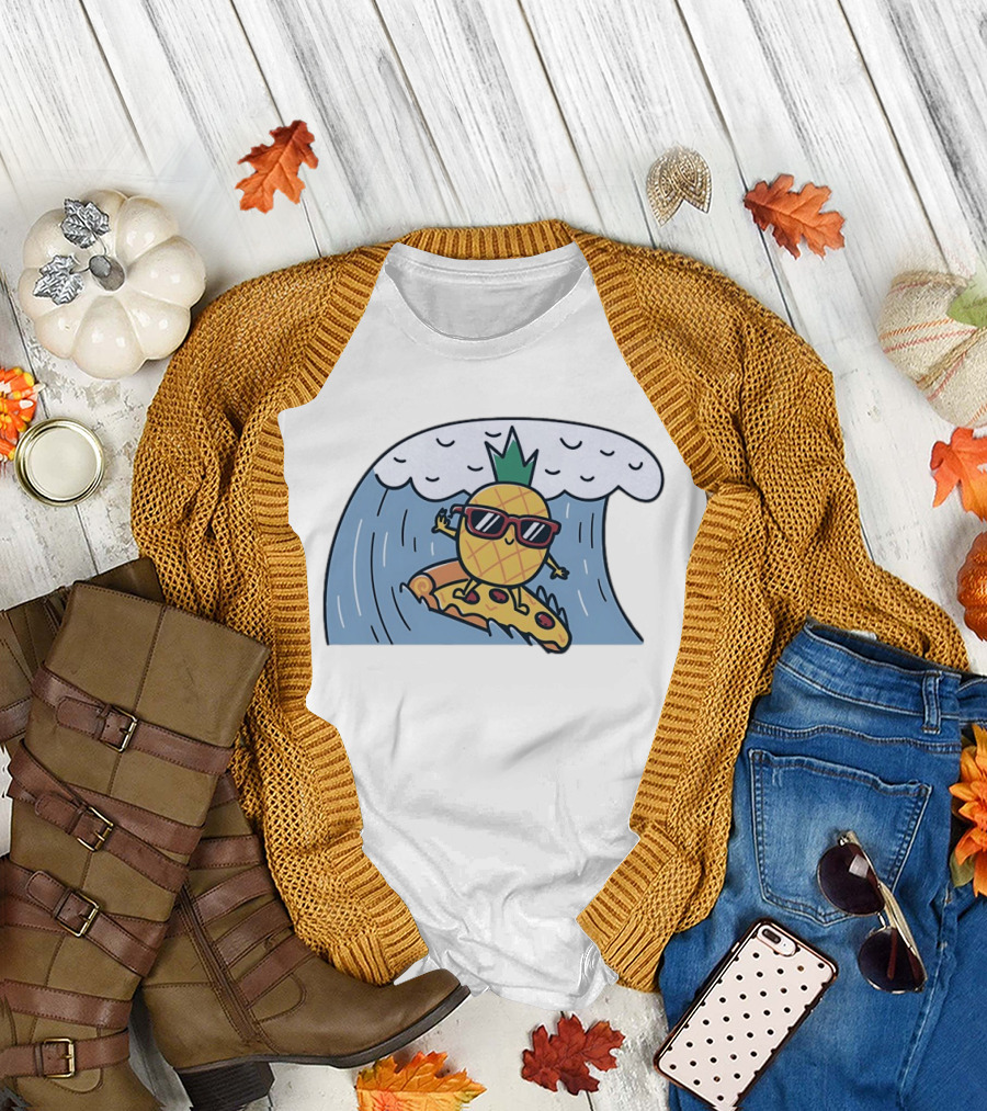 Pineapple Surfing on Pizza Slice Ocean Wave with Sunglasses Cartoon T-Shirt