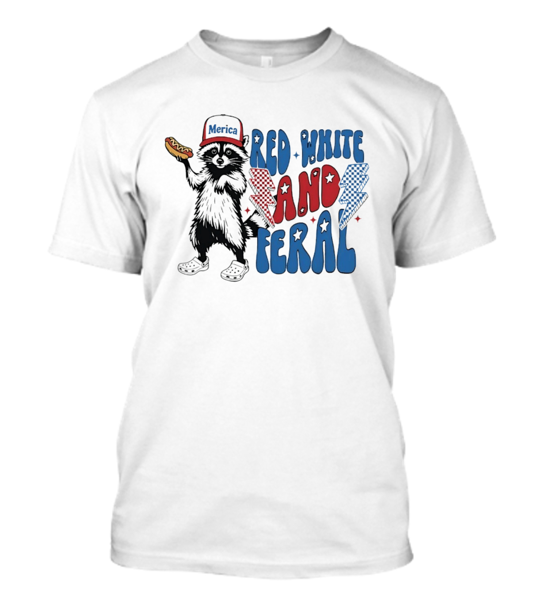 Red White And Feral Raccoon Hotdog Merica Cap Lightning Bolts Patriotic T-Shirt