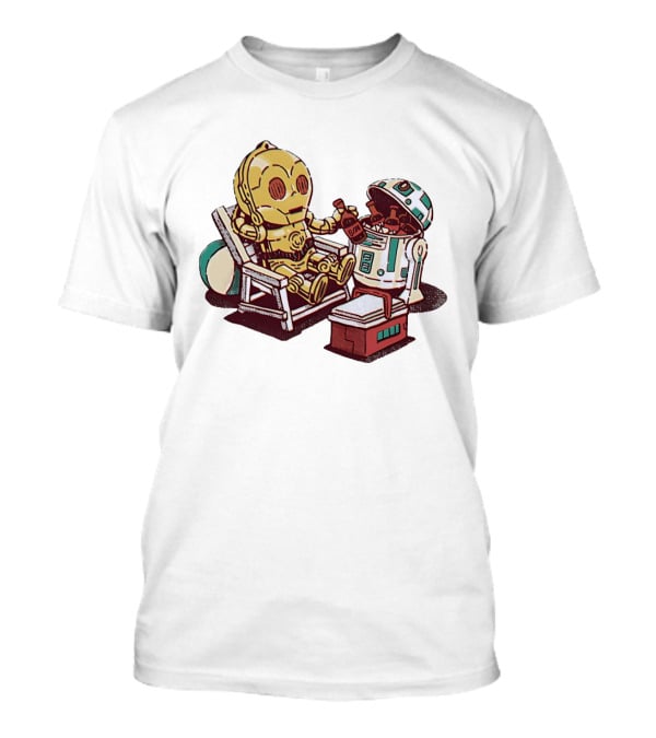 Stay Buddy Two Robots Relaxing Beach Chair Sci Fi Humor T-Shirt