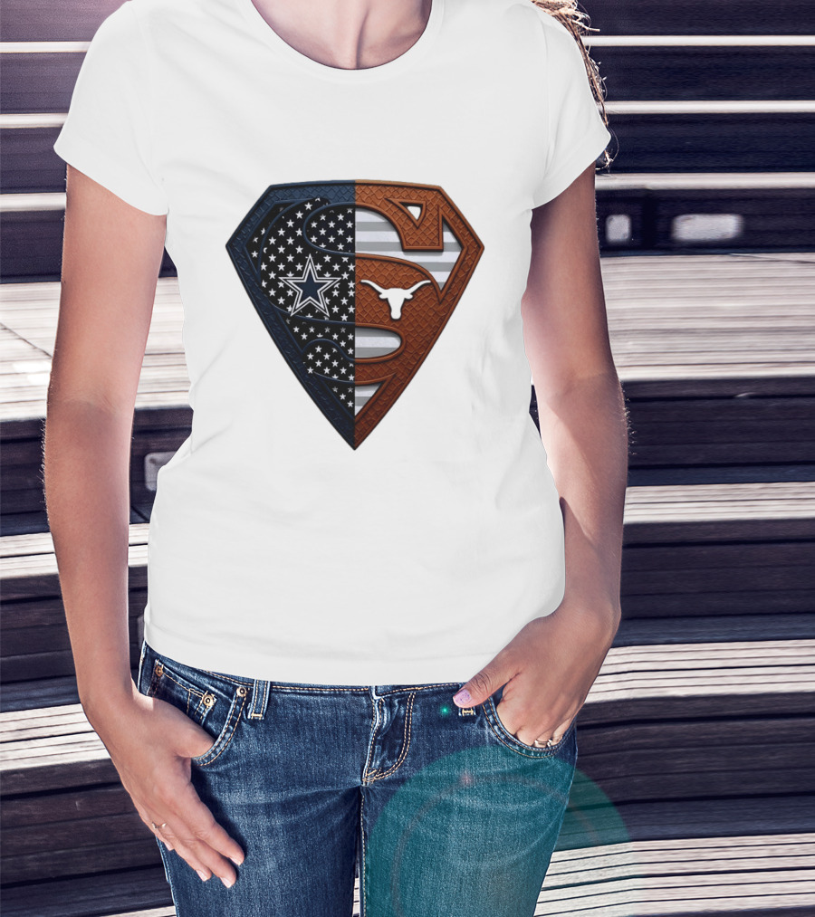 Dallas Cowboys Texas Longhorns Superman Shield Split Dual Icon Emblems T-Shirt