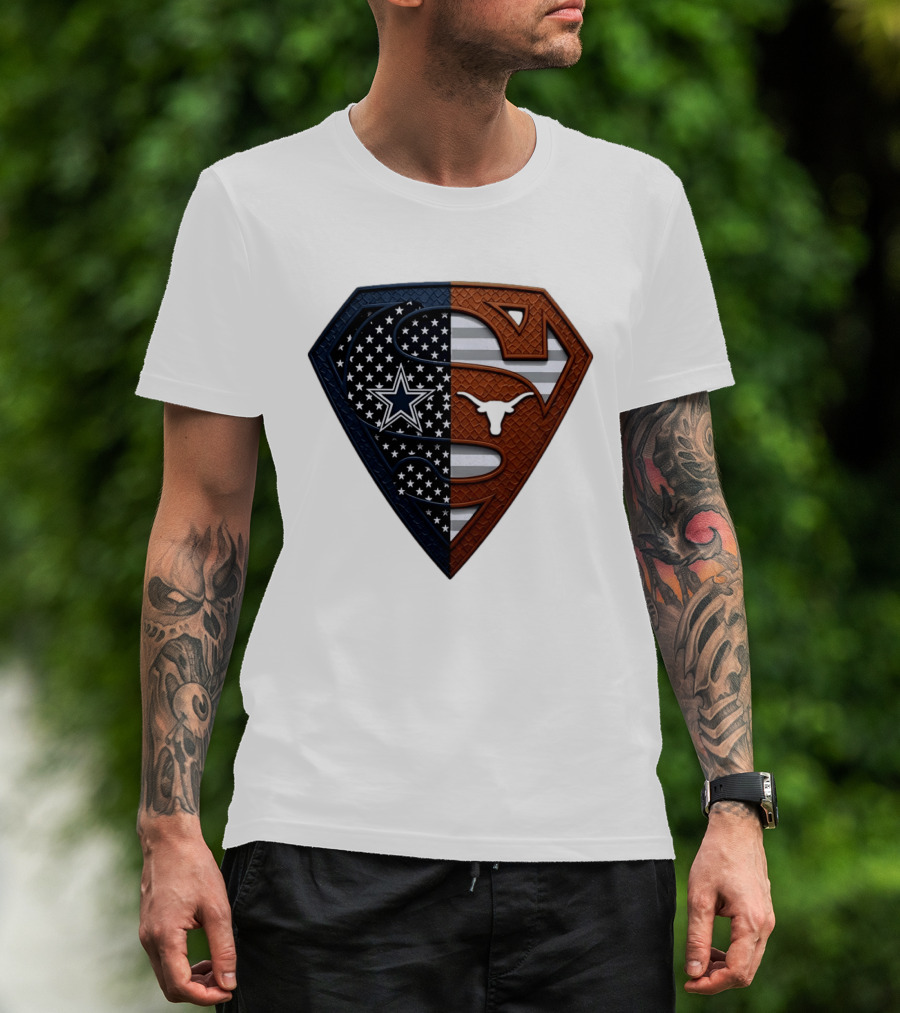 Dallas Cowboys Texas Longhorns Superman Shield Split Dual Icon Emblems T-Shirt