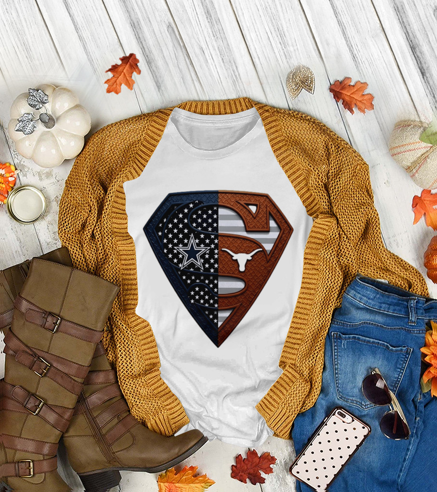 Dallas Cowboys Texas Longhorns Superman Shield Split Dual Icon emblems T-Shirt