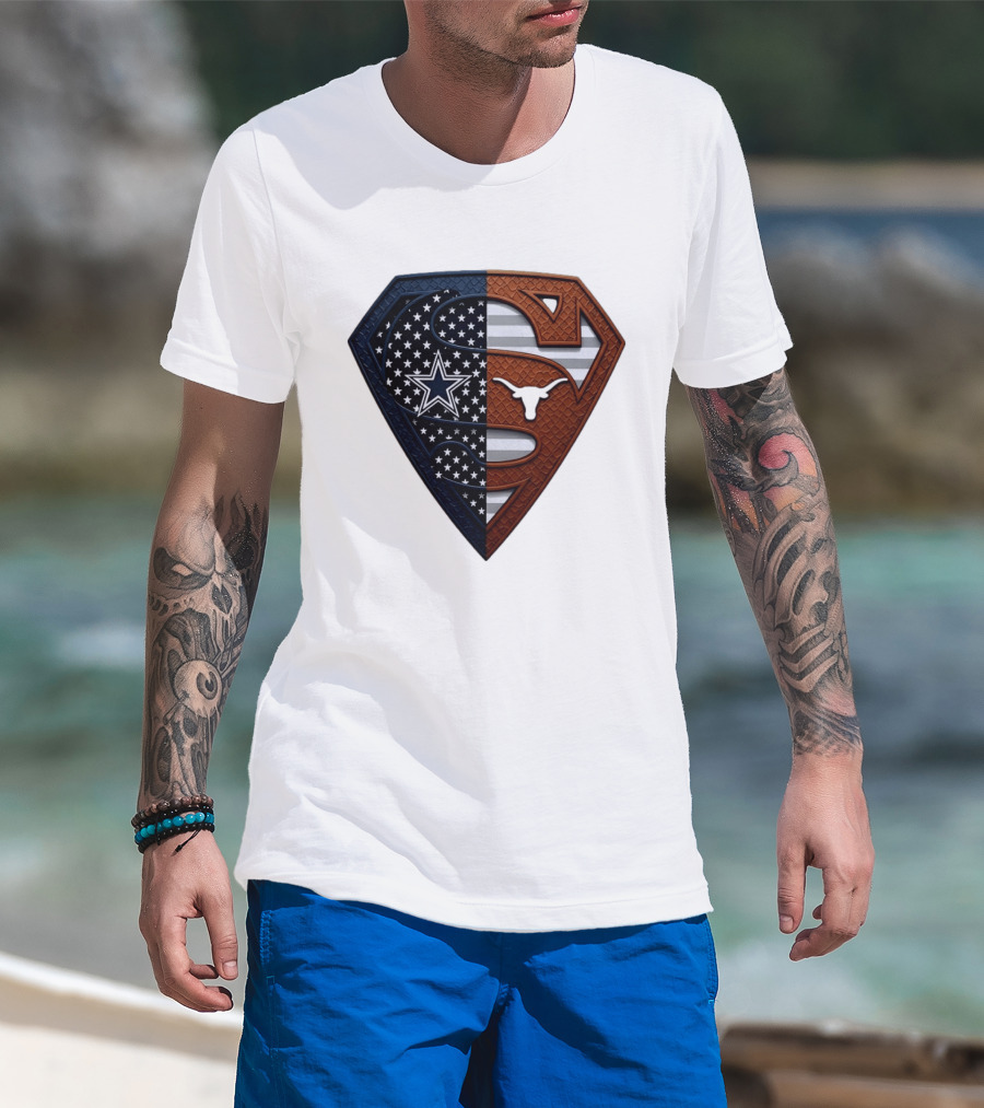 Dallas Cowboys Texas Longhorns Superman Shield Split Dual Icon Emblems T-Shirt