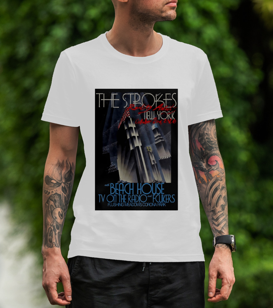 The Strokes New York Concert October 2026 Flushing Meadows Corona Park With Beach House TV On The Radio Fcukers Deco Cityscape T-Shirt