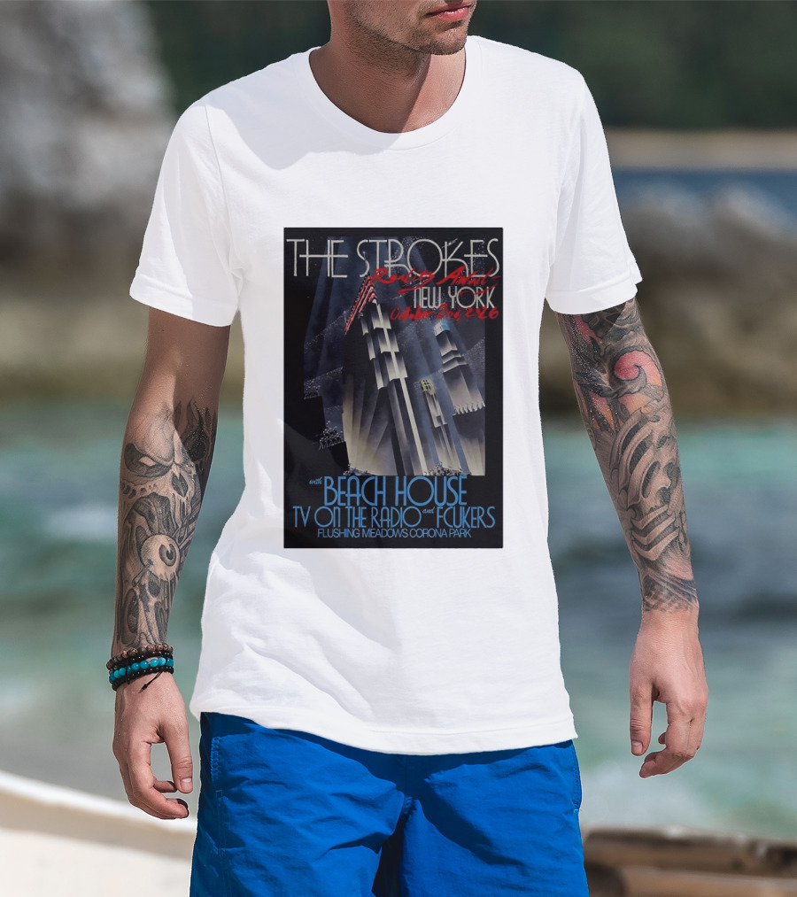 The Strokes New York Concert October 2026 Flushing Meadows Corona Park With Beach House TV On The Radio Fcukers Deco Cityscape T-Shirt