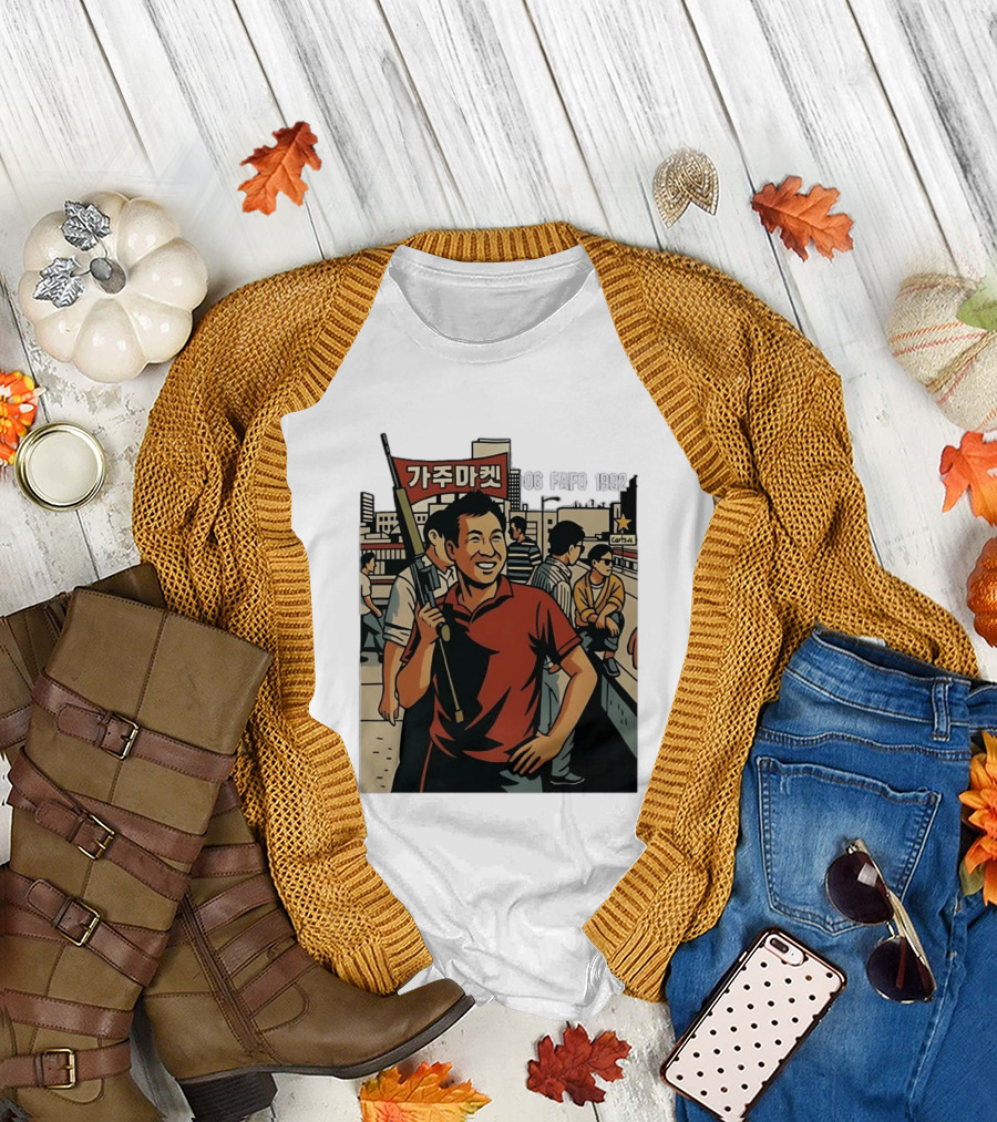 Korean American street scene man with rifle urban T-Shirt