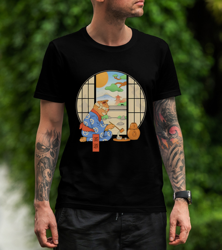 Ukiyo E Style Cat Tea Ceremony With Japanese Landscape T-Shirt