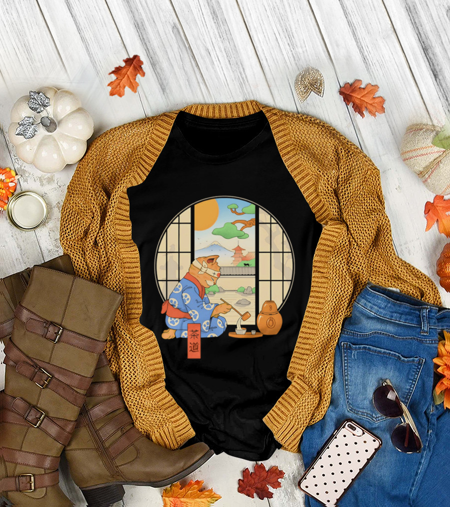 Ukiyo E Style Cat Tea Ceremony With Japanese Landscape T-Shirt