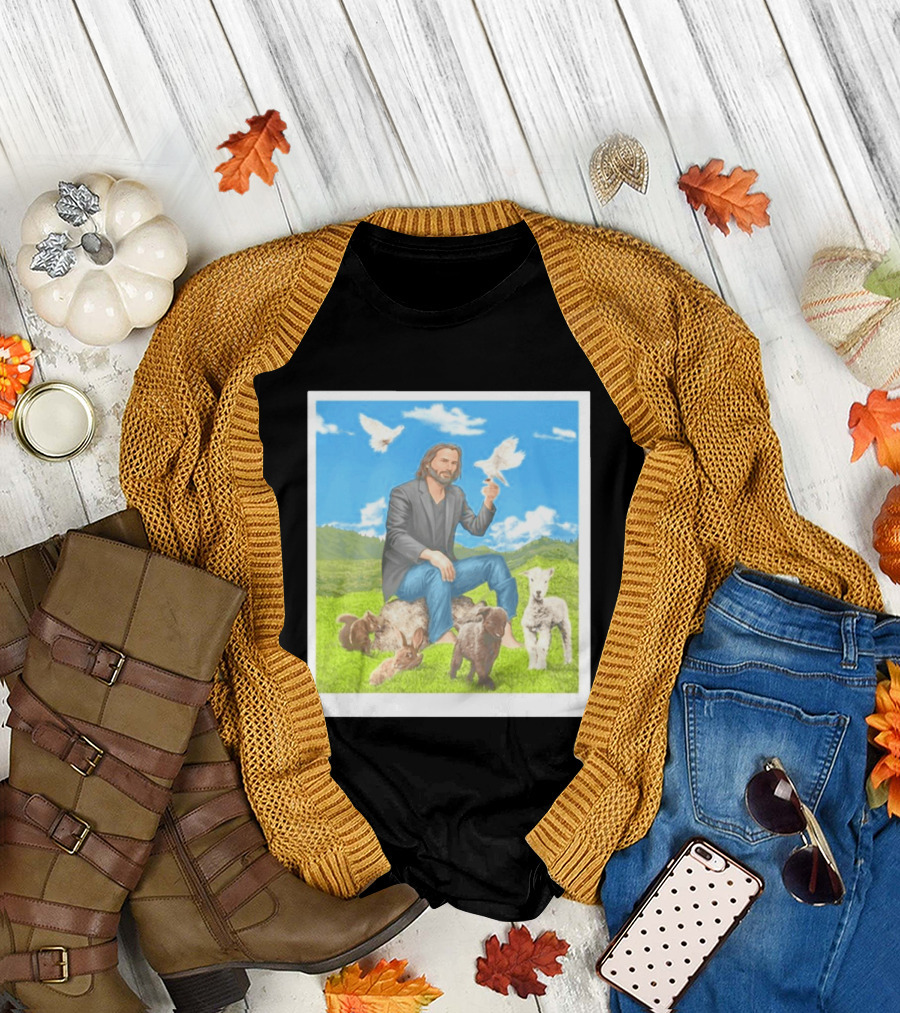 Keanu Reeves Surrounded by Animals in Peaceful Steppe Landscape T-Shirt