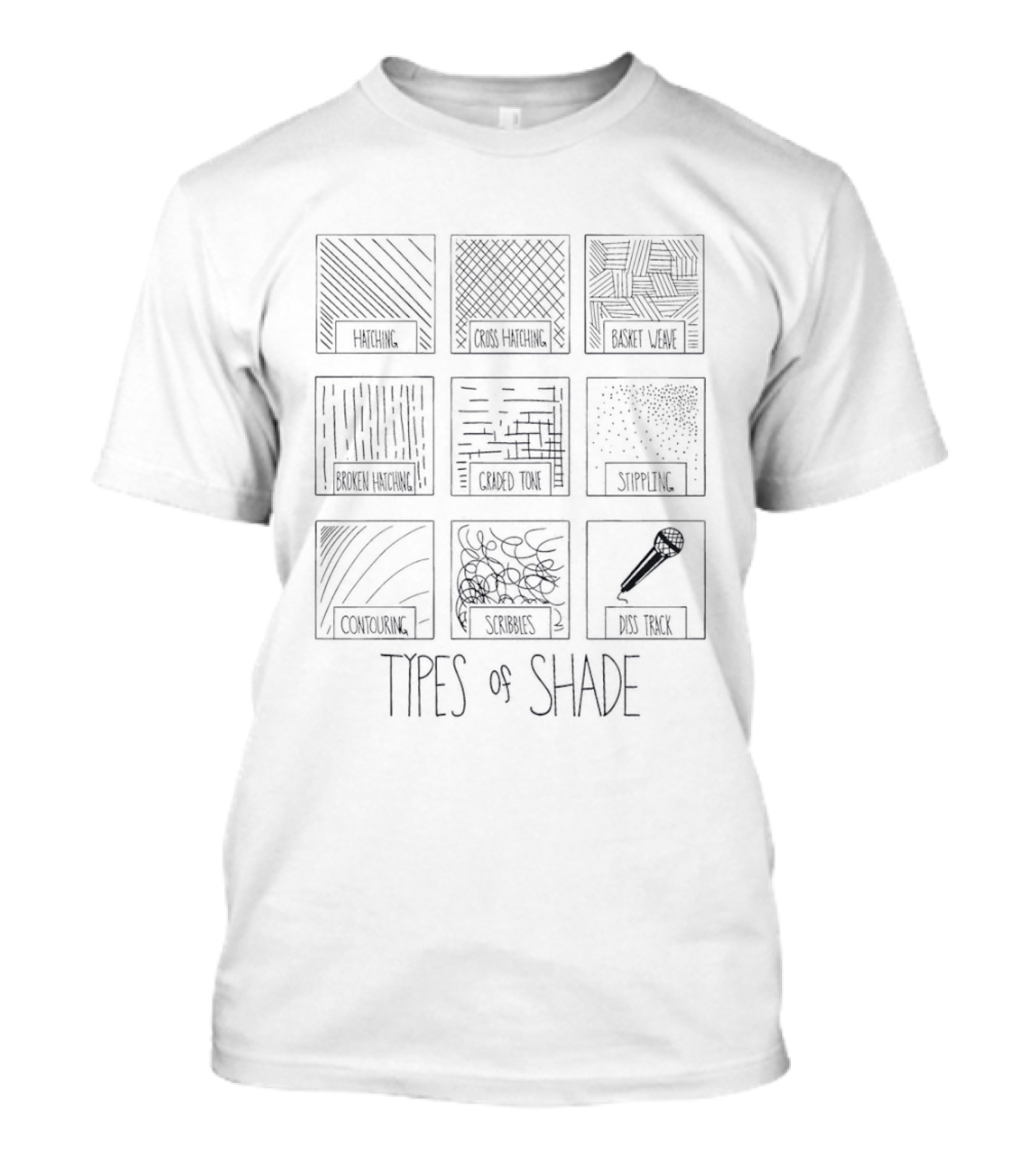Types Of Shade Hatching Cross Hatching Basket Weave Broken Hatching Stippling Cruciform Contour Scribbling Contour Shading Sponging T-Shirt