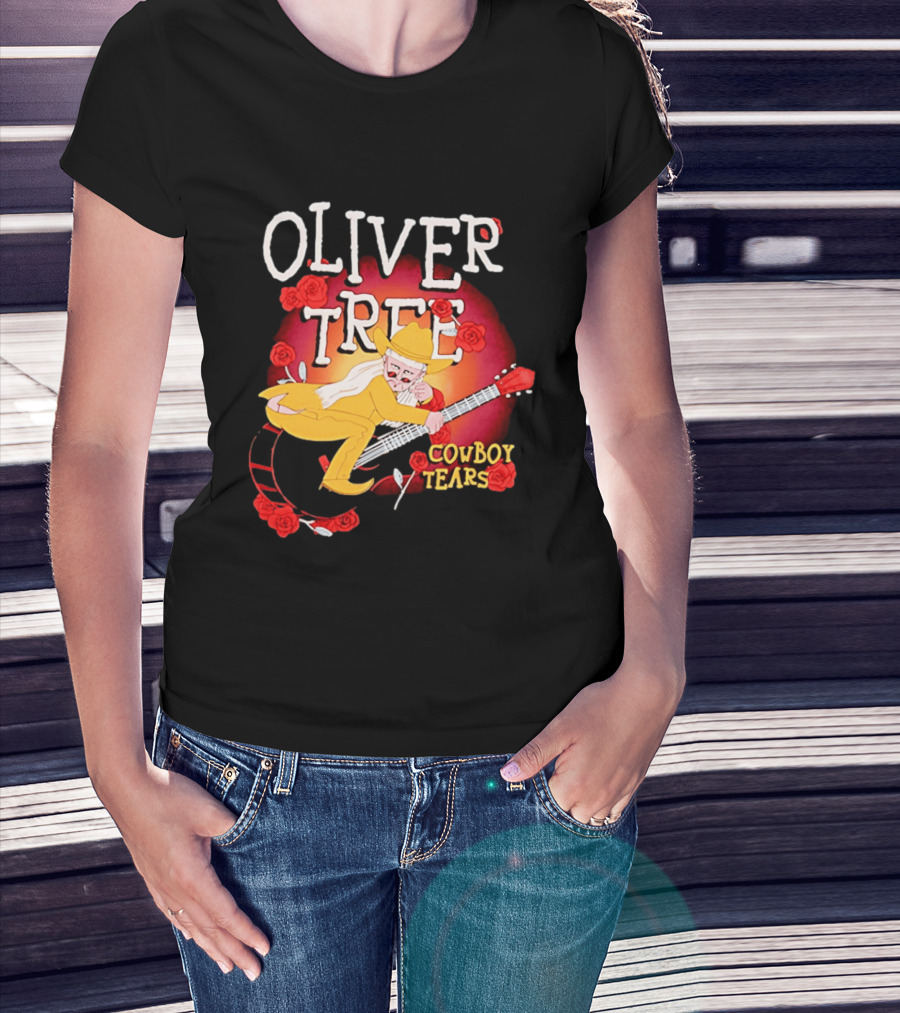 Oliver Tree Cowboy Tears Cartoon Character With Roses And Guitar T-Shirt