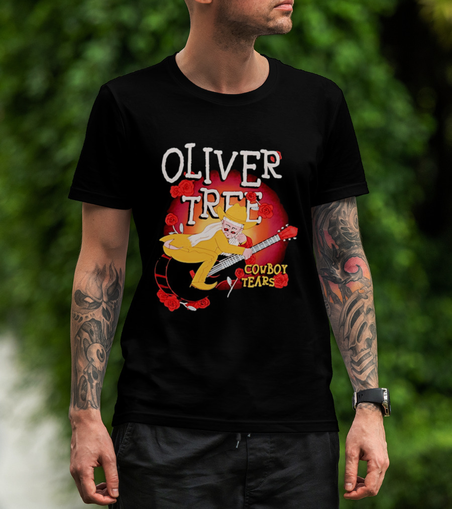 Oliver Tree Cowboy Tears Cartoon Character With Roses And Guitar T-Shirt