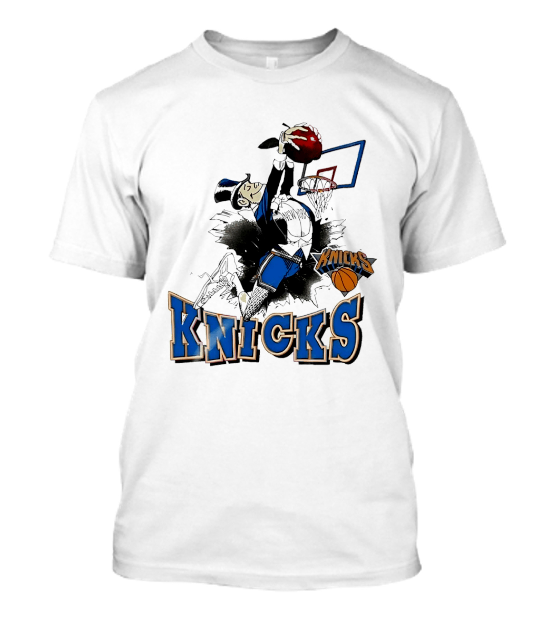 New York Knicks Dunking Red Apple Knicks Text Blue Basketball T-Shirt