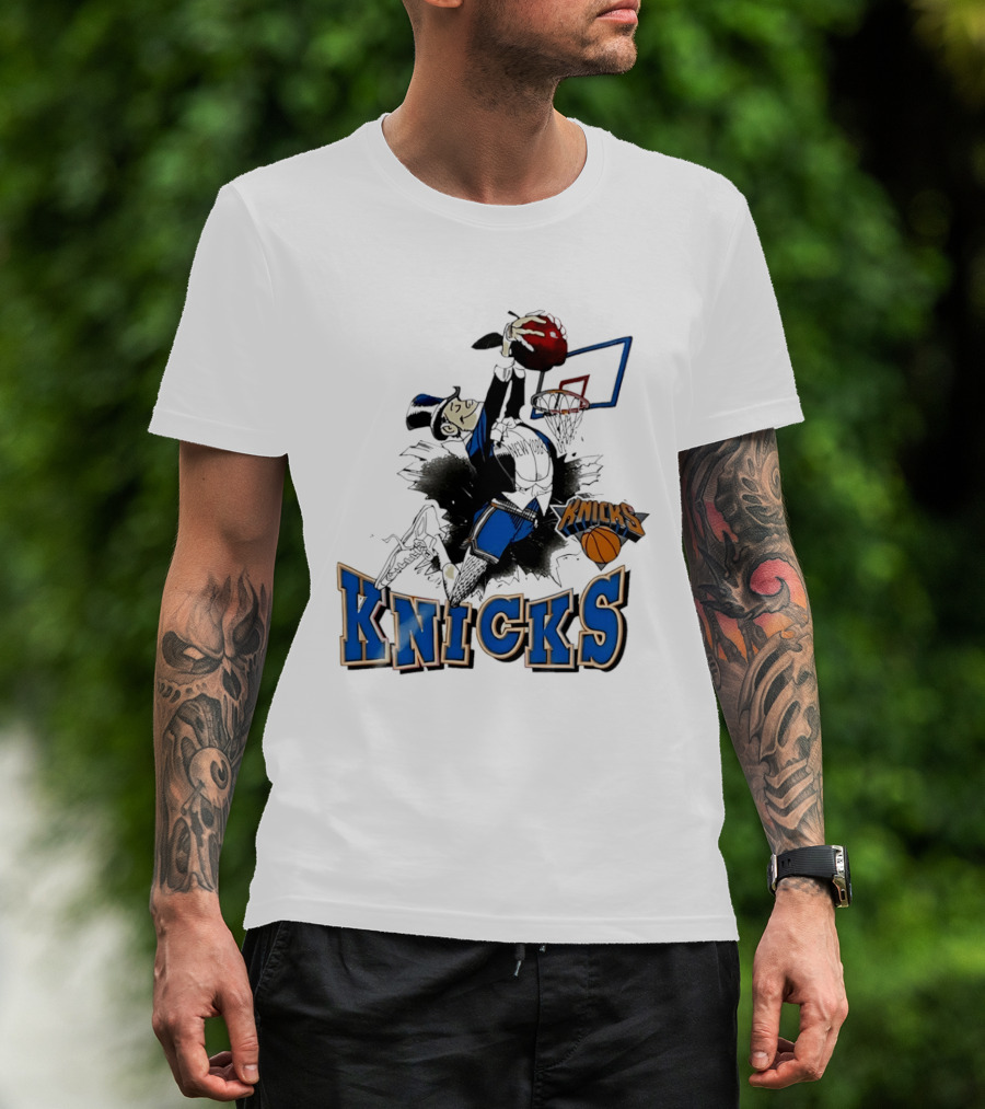 New York Knicks Dunking Red Apple Knicks Text Blue Basketball T-Shirt