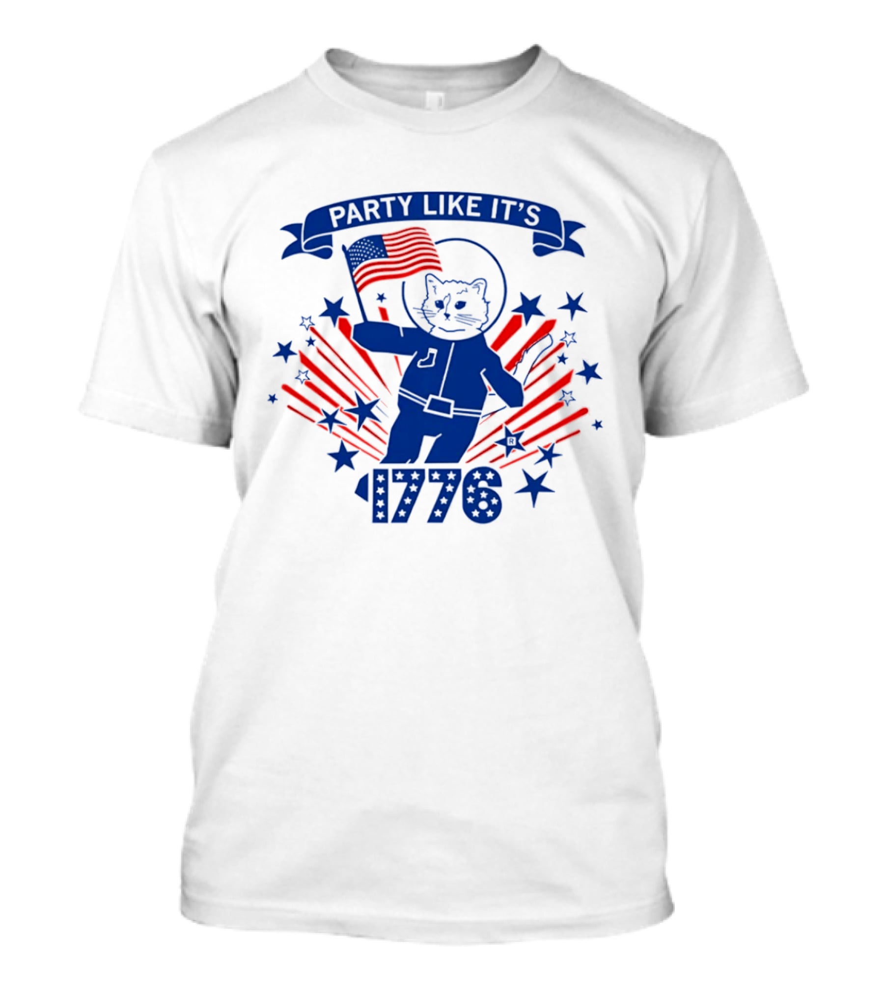 Party Like It's 1776 Astronaut Cat Holding American Flag With Stars T-Shirt
