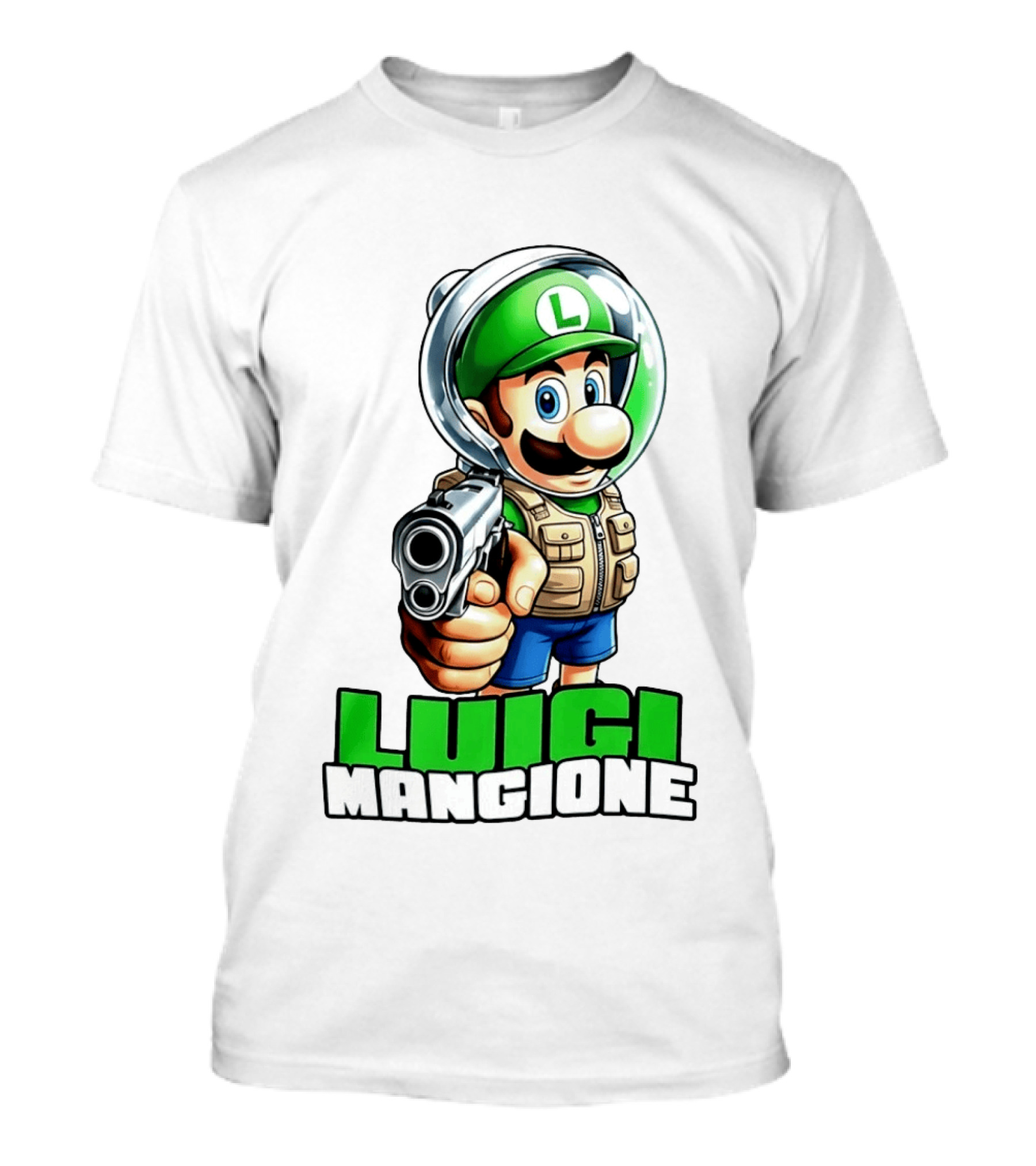 Luigi Mangione Super Mario Green Hat Gun Image T-Shirt