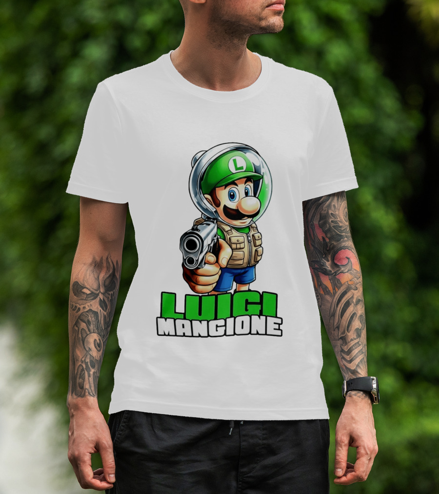 Luigi Mangione Super Mario Green Hat Gun Image T-Shirt