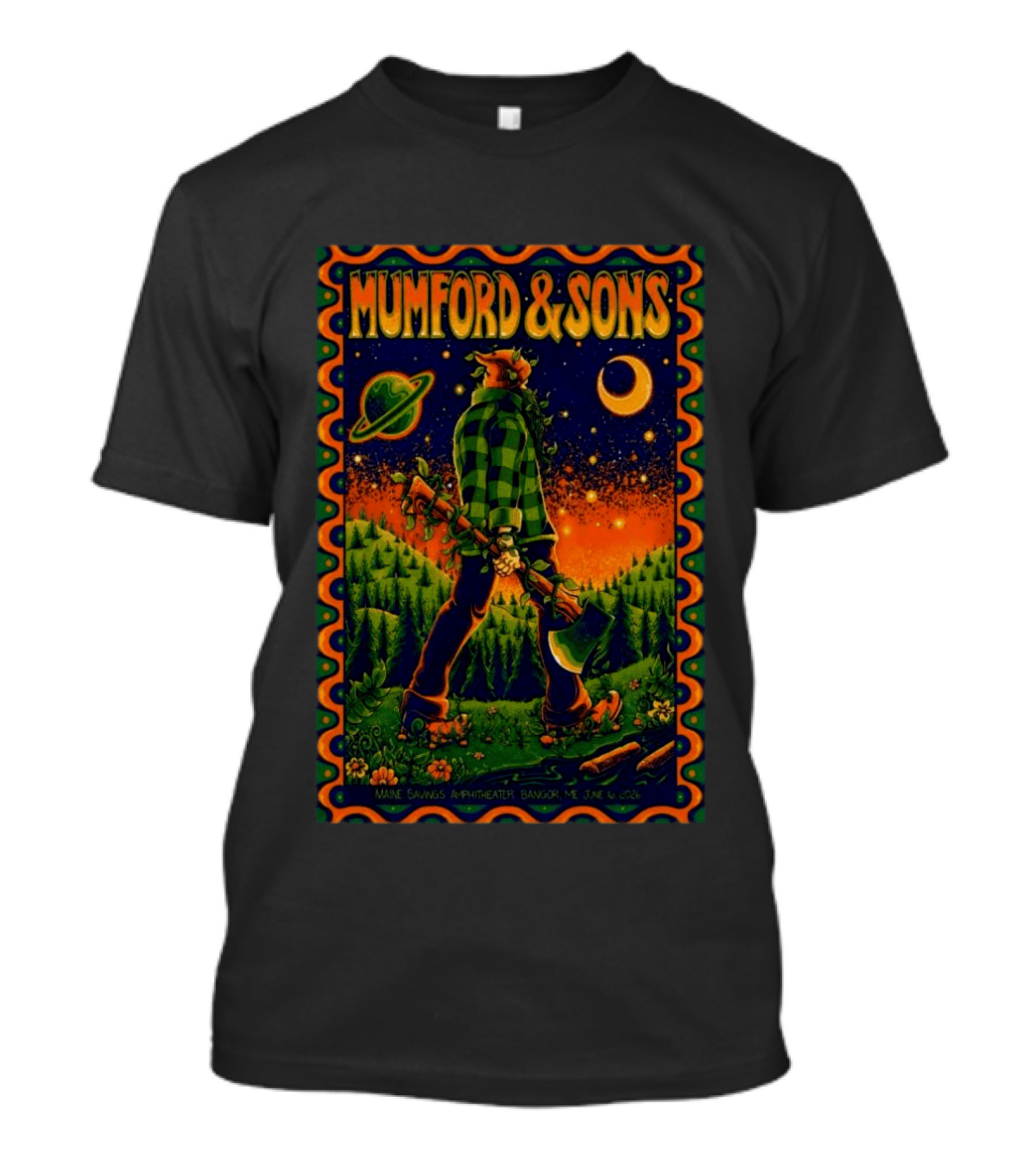 Mumford And Sons Maine Savings Amphitheater Bangor ME June 16 2026 Concert Planet And Moon Lumberjack T-Shirt