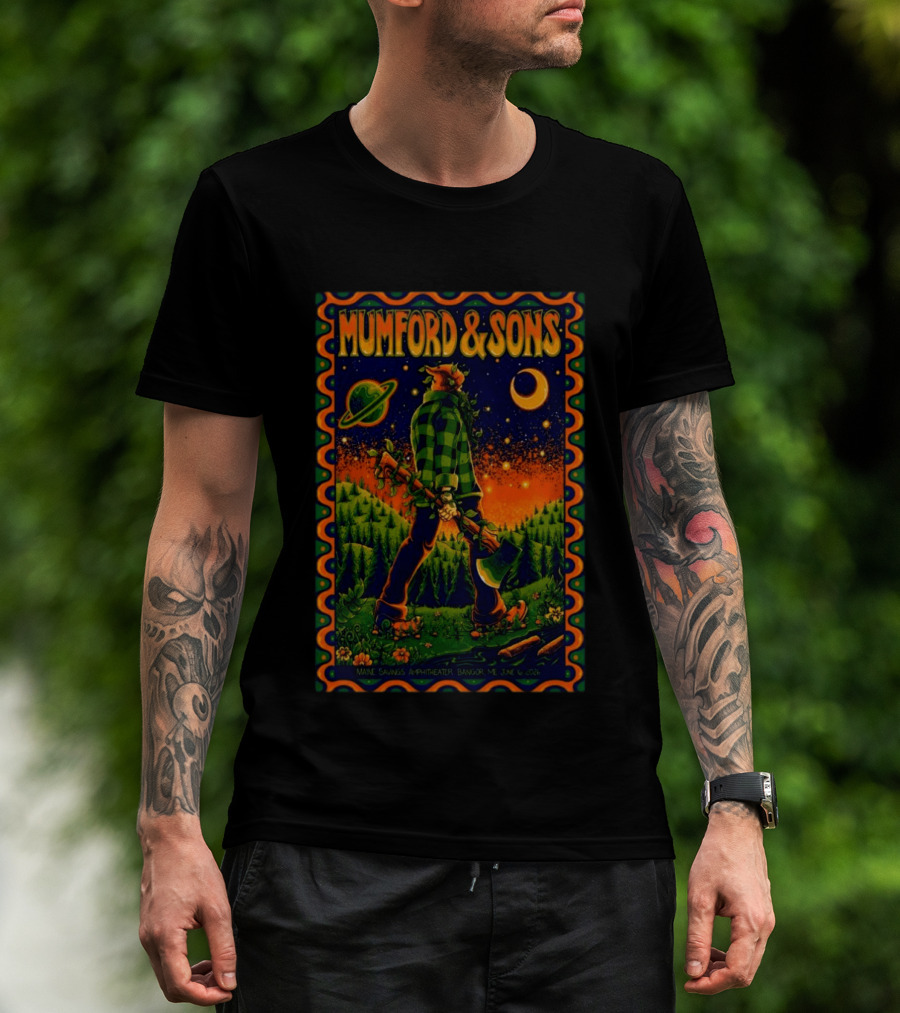 Mumford And Sons Maine Savings Amphitheater Bangor ME June 16 2026 Concert Planet And Moon Lumberjack T-Shirt