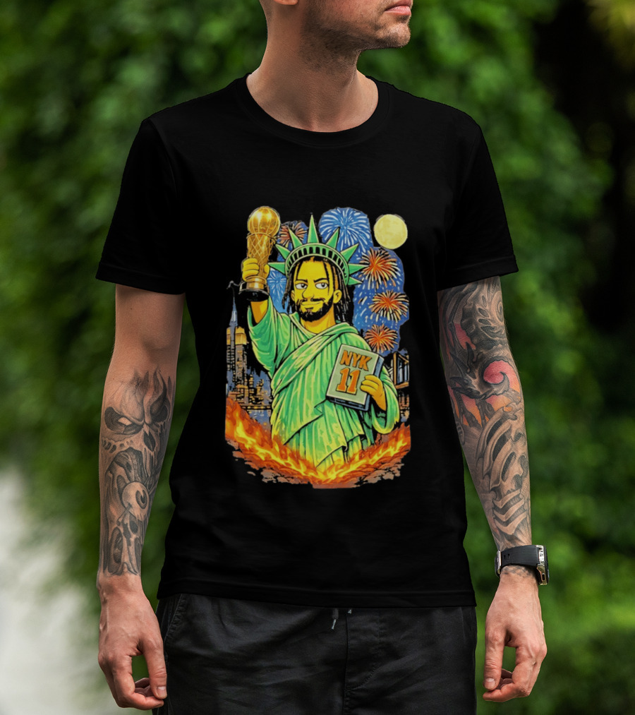New York Knicks Jalen Brunson As Statue Of Liberty NYK 11 With Trophy And Fireworks T-Shirt