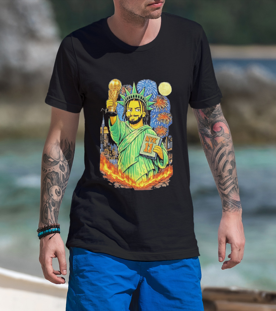 New York Knicks Jalen Brunson As Statue Of Liberty NYK 11 With Trophy And Fireworks T-Shirt