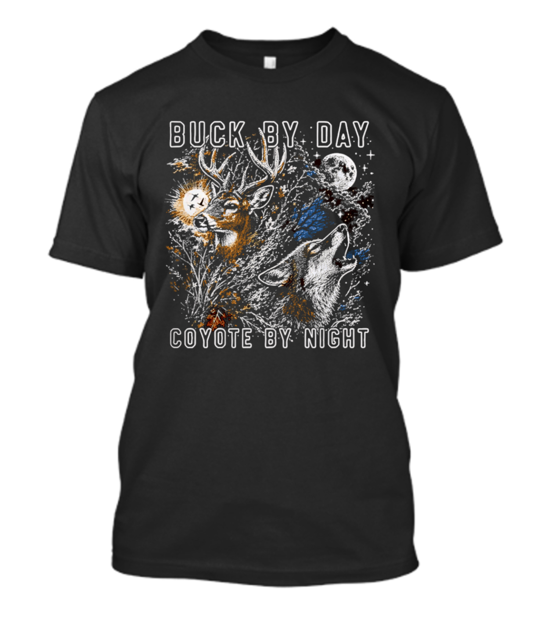 Buck By Day Coyote By Night Deer And Wolf Moon Scene T-Shirt