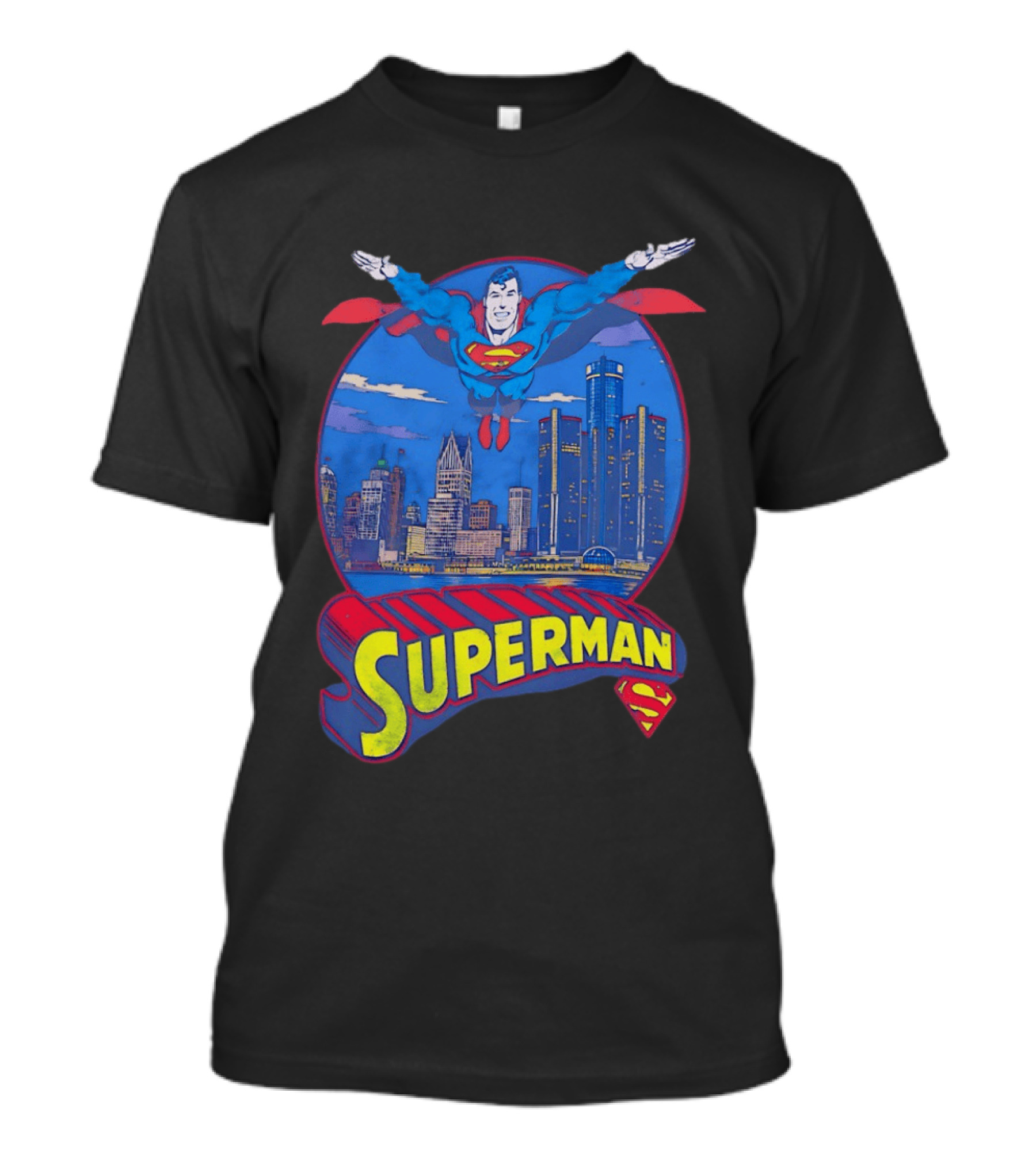 Detroit Superman Jay Towers Motor City Skyline Superman Logo Retro Comic T-Shirt