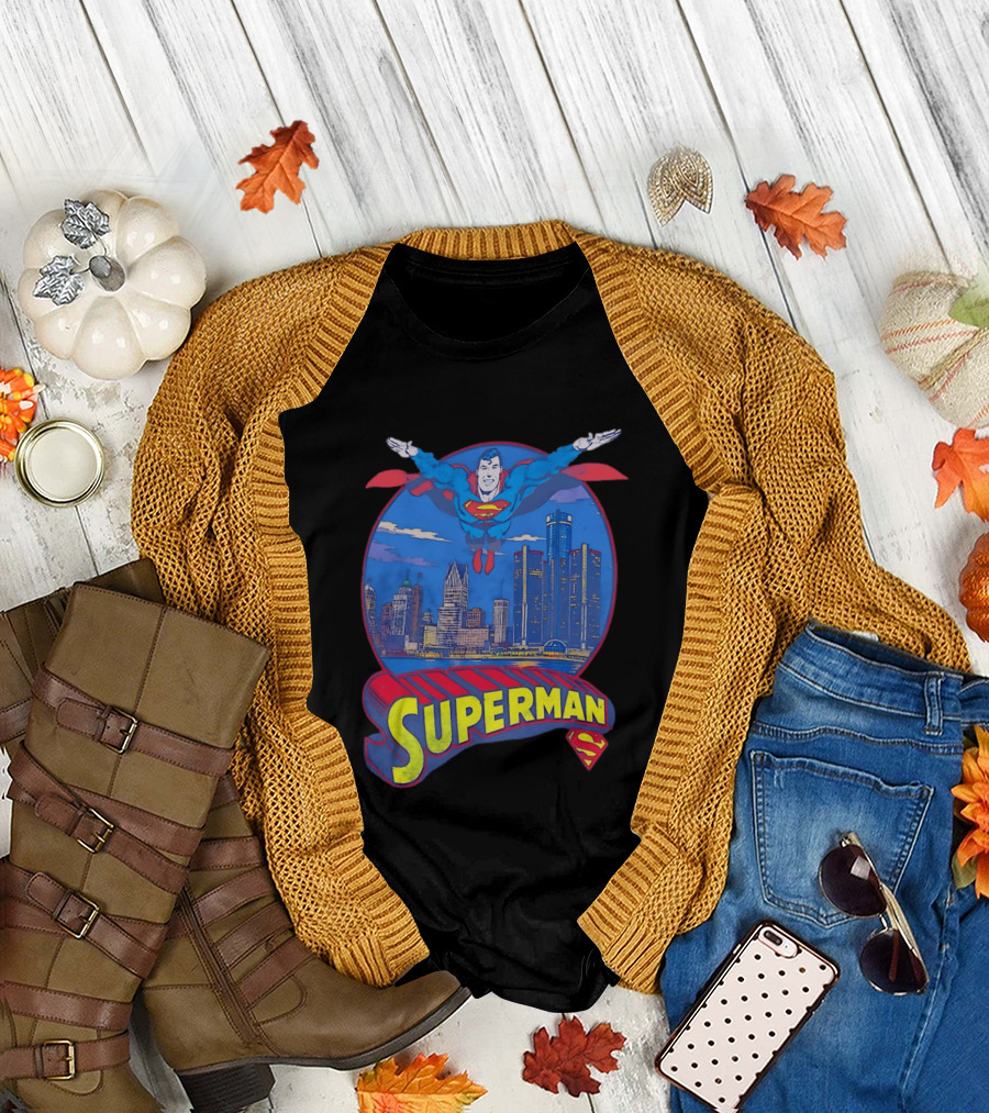 Detroit Superman Jay Towers Motor City Skyline Superman Logo Retro Comic T-Shirt