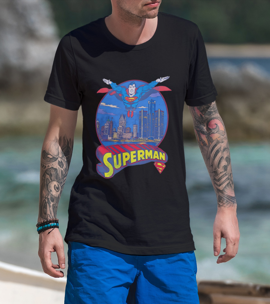 Detroit Superman Jay Towers Motor City Skyline Superman Logo Retro Comic T-Shirt