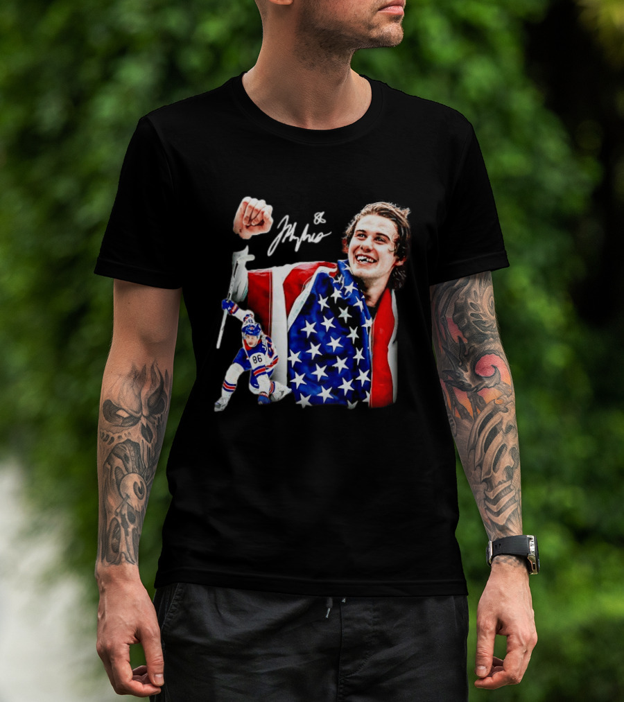 Jack Hughes New Jersey Devils USA Flag 86 Hockey Celebration T-Shirt