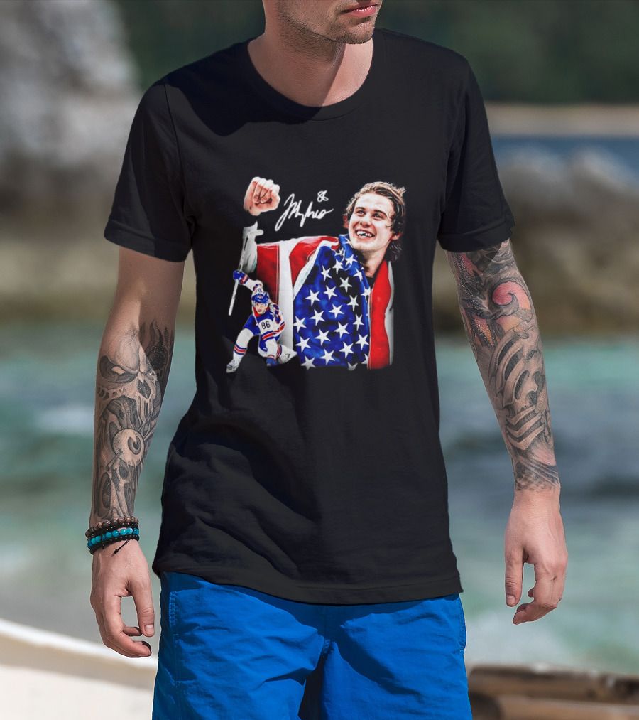 Jack Hughes New Jersey Devils USA Flag 86 Hockey Celebration T-Shirt