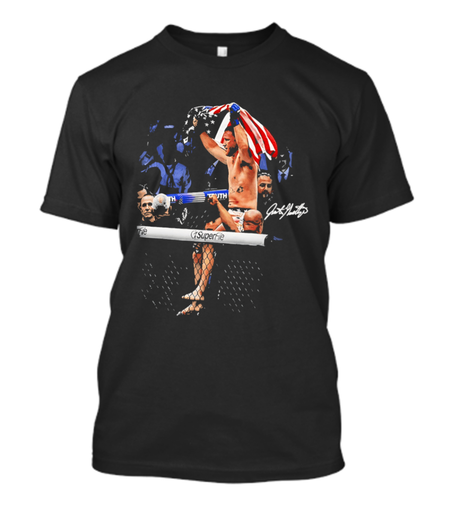 Justin Gaethje Celebrating With American Flag Victory Pose Signature Edition T-Shirt