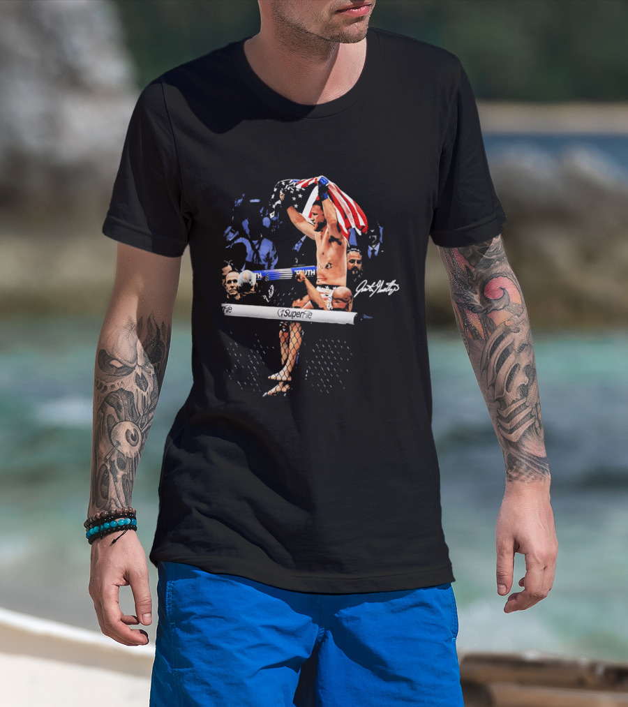 Justin Gaethje Celebrating With American Flag Victory Pose Signature Edition T-Shirt