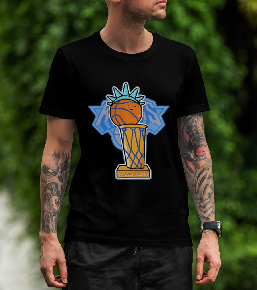 Knicks NBA Champs 2026 Statue Of Liberty Basketball Trophy T-Shirt